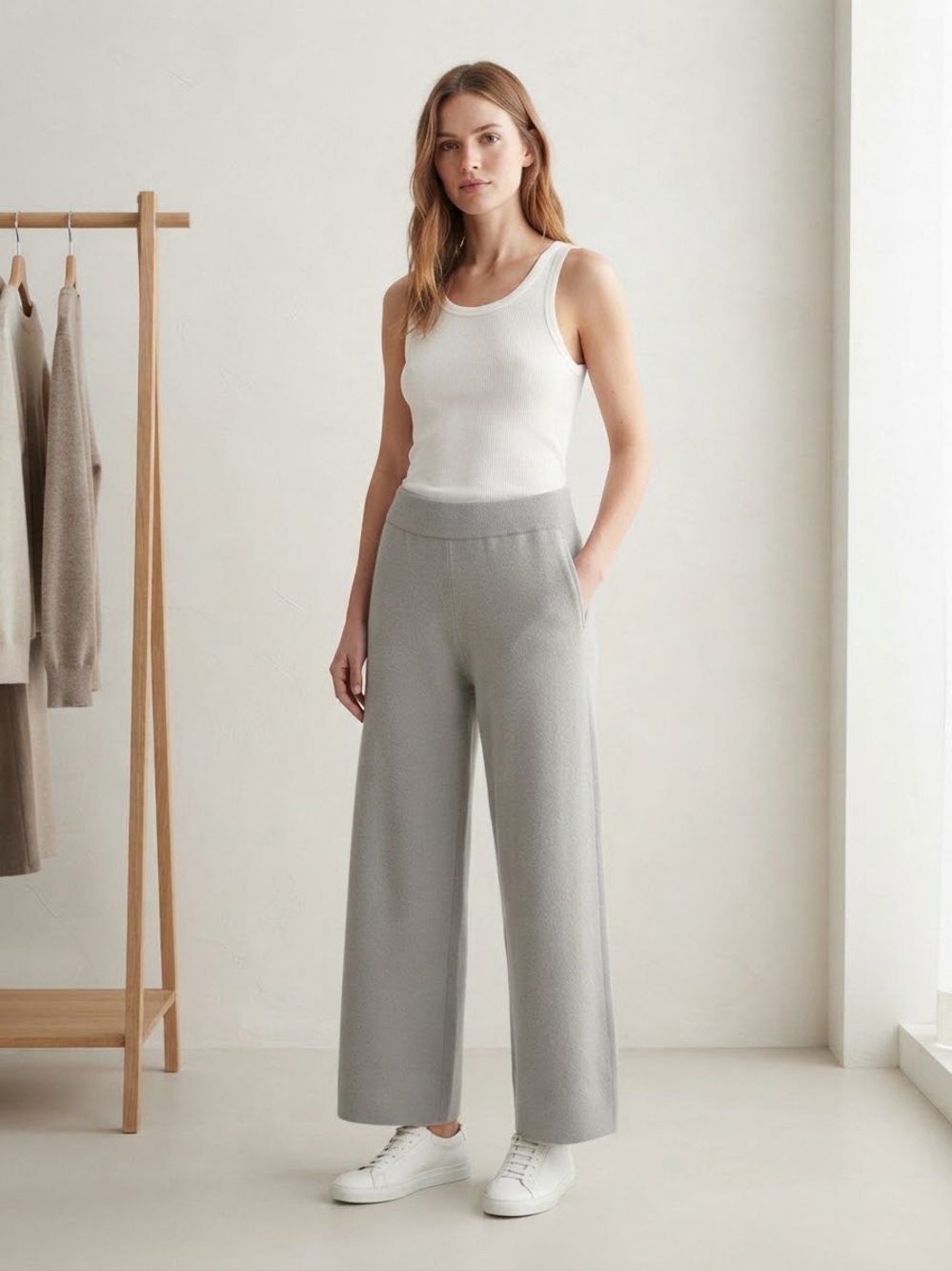 NATURALS D&CO Cozy Knit Wide-Leg Pants Light Gray L PETITE 27” inseam
